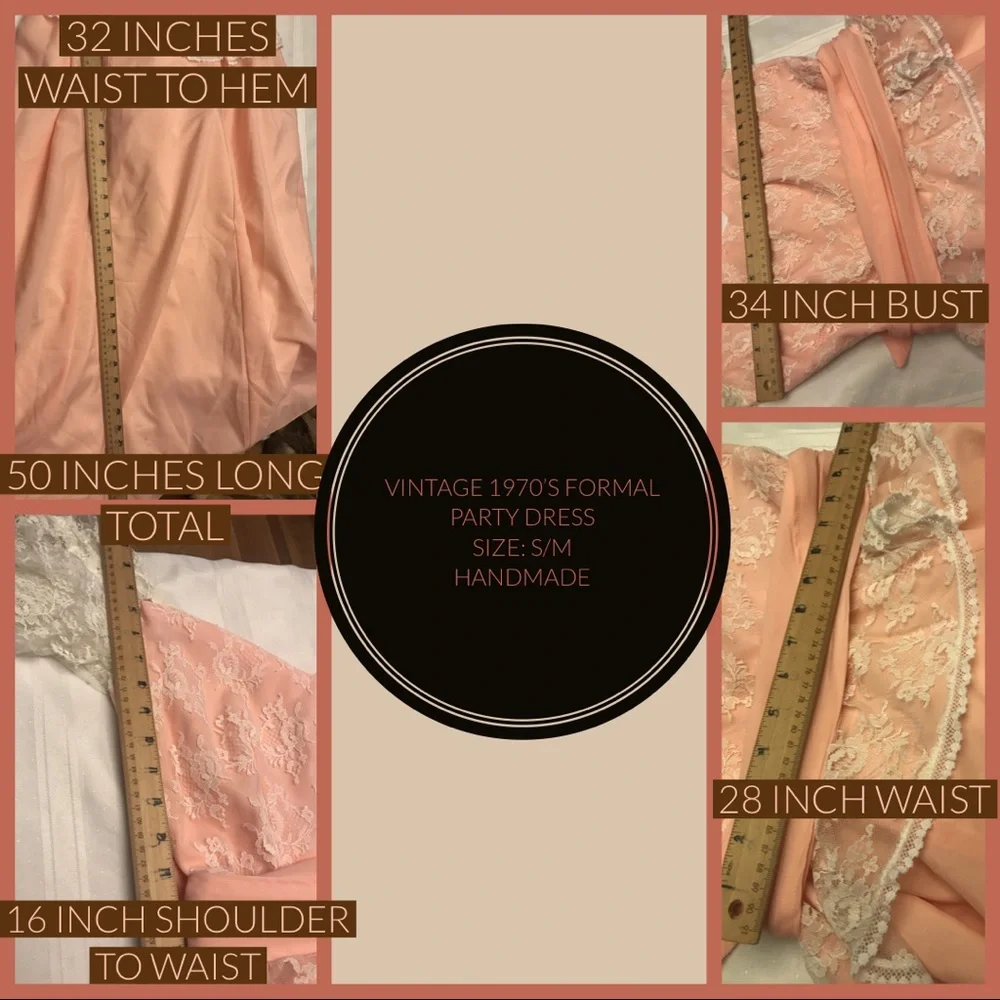 VINTAGE MID TO LATE 70'S PEACH OFF-THE-SHOULDER LACEY PARTY DRESS (M) - Picture 13 of 14